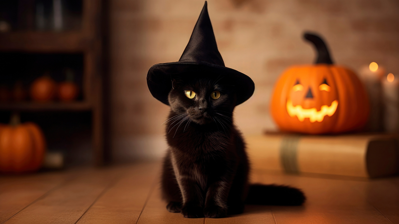 huisdieren en halloween - zwarte kat met heksenhoed - huisdier eng - pompoen - rememberme pets
